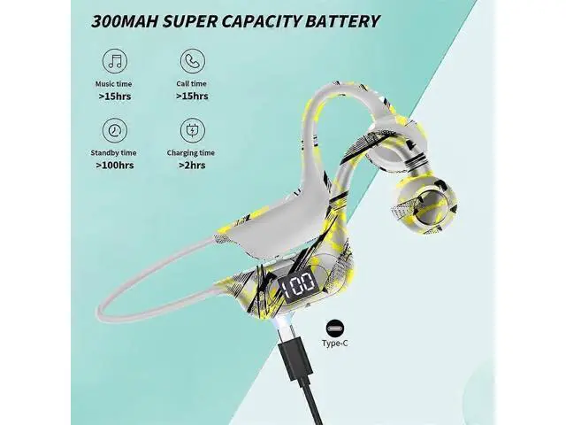 Alt view image 3 of 5 - 5.3 Bluetooth Bone Conduction Headphones, Open Ear Wireless with LED Display, IP56 Waterproof, 8H Playtime