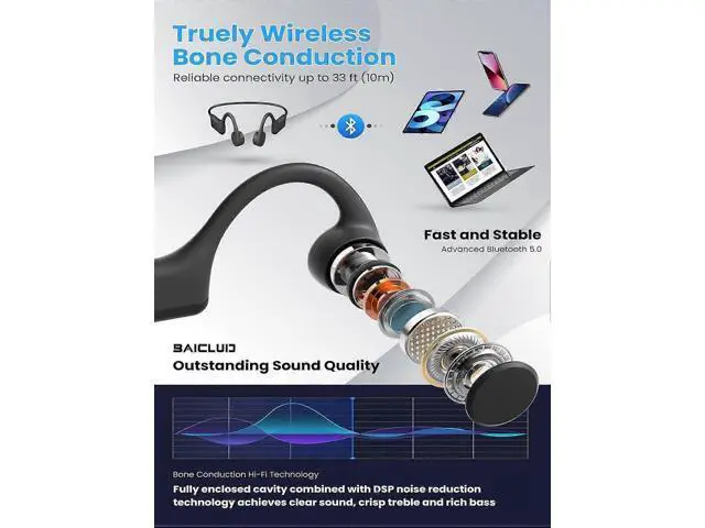 Alt view image 4 of 5 - BAICLUD HS1 Bone Conduction Headphones, Open-Ear Wireless Bluetooth 5.0, 8Hr Playtime, IP55 Waterproof for Running & Sports