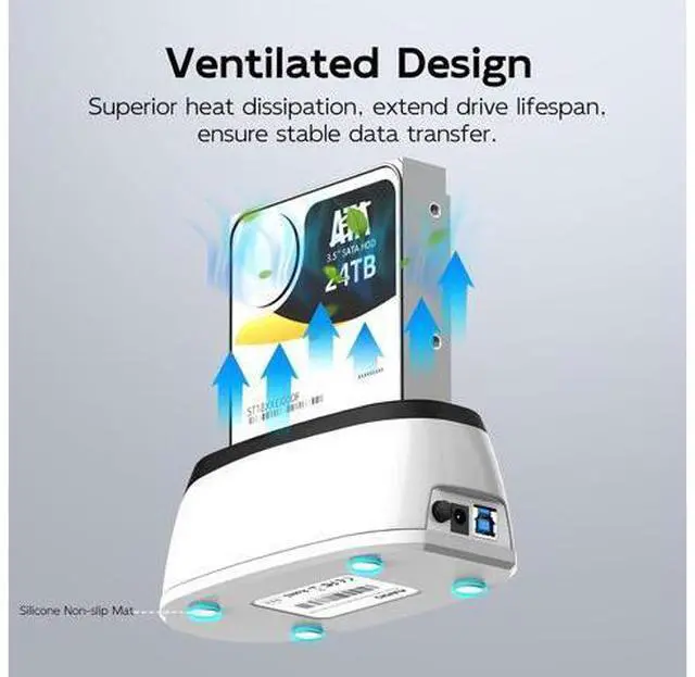 Alt view image 5 of 7 - Hard Drive Docking Station for 2.5 3.5 Inch SATA HDD SSD, 24TB Capacity, 12V 2A Power Supply, USB 3.0 to External Hard Drive Adapter Reader Case