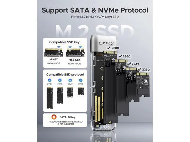 Alt view image 4 of 7 - M.2 NVMe SATA SSD Enclosure, Tool-Free USB 3.2 Type-C 10Gbps to SSD Enclosure for SATA/NVMe M.2(M-Key/B+M-Key) SSD Support 2230/2242/2260/2280, Up to 4TB Max Capacity - TXM2M