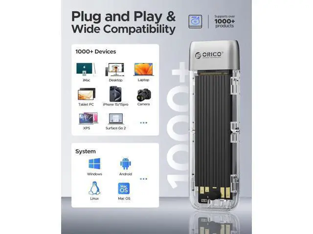 Alt view image 6 of 7 - M.2 NVMe SATA SSD Enclosure, Tool-Free USB 3.2 Type-C 10Gbps to SSD Enclosure for SATA/NVMe M.2(M-Key/B+M-Key) SSD Support 2230/2242/2260/2280, Up to 4TB Max Capacity - TXM2M