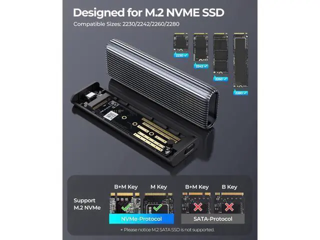 Alt view image 4 of 7 - M.2 NVMe SSD Enclosure Aluminum Tool-Free Adapter, 10Gbps USB3.2 USB-C M2 Reader for M.2 PCIe NVMe M-Key 2230/2242/2260/2280 SSD, Thunderbolt 3 Compatible, External Case Support UASP Trim-AM2G2
