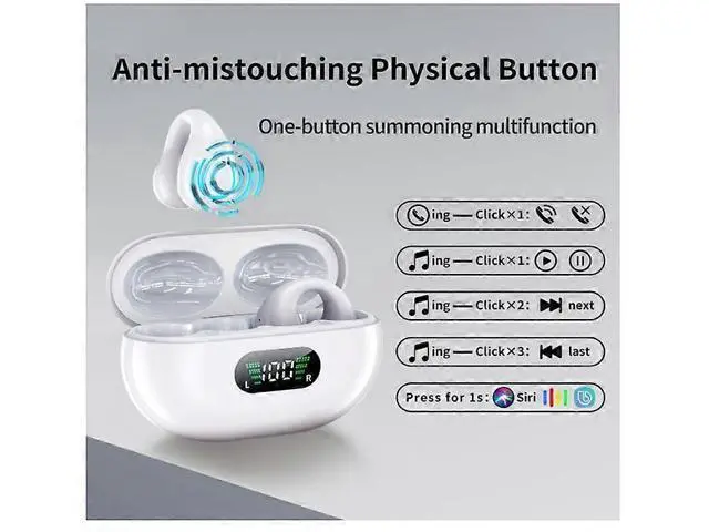 Alt view image 5 of 5 - Bluetooth 5.3 Wireless Earbuds with LED Case, IPX7 Waterproof Ear Clip Headphones, 36H Playback (White)