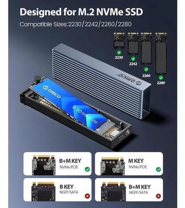 Alt view image 6 of 7 - M.2 NVMe SSD Enclosure Aluminum Tool-Free Adapter, 10Gbps USB3.2 USB-C M2 Reader for M.2 PCIe NVMe M-Key 2230/2242/2260/2280 SSD, Thunderbolt 3 Compatible, External Case Support UASP Trim-BM2G2