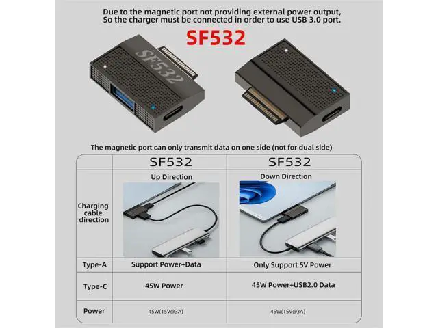 Alt view image 4 of 6 - Magnetic to USB3.1 Type-A & 15V Type-C USB-C Data Charge Adapter SF532 for Surface Pro9 Pro8 Pro7 Pro6 Pro X Go Book