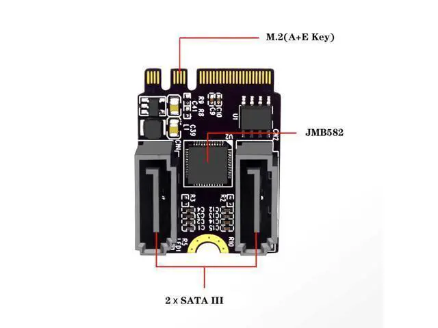 Alt view image 3 of 7 - NGFF Key A+E PCI Express to SATA 3.0 6Gbps Dual Ports Adapter Converter Hard Drive Extension Card JMB582 2230