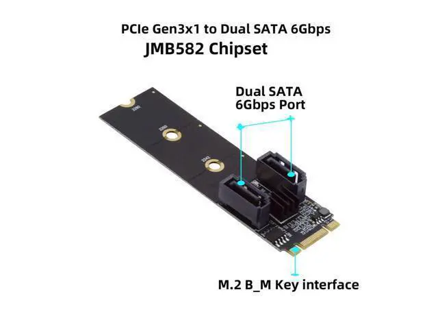 Alt view image 2 of 7 - NGFF Key B+M PCI Express to SATA 3.0 6Gbps Dual Ports Vertical Adapter Converter Hard Drive Extension Card JMB582 2230 2242 2260 2280