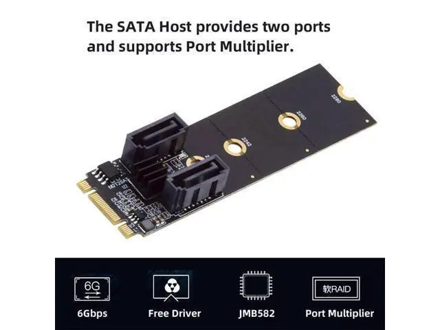 Alt view image 6 of 7 - NGFF Key B+M PCI Express to SATA 3.0 6Gbps Dual Ports Vertical Adapter Converter Hard Drive Extension Card JMB582 2230 2242 2260 2280