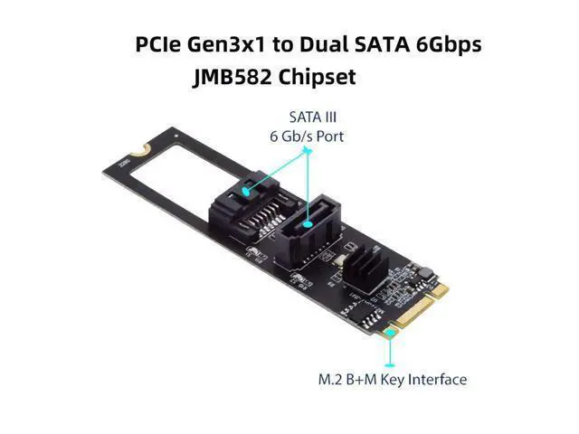 Alt view image 5 of 7 - NGFF Key B+M PCI Express to SATA 3.0 6Gbps Dual Ports Vertical Horizontal Adapter Converter Hard Drive Extension Card JMB582 2280