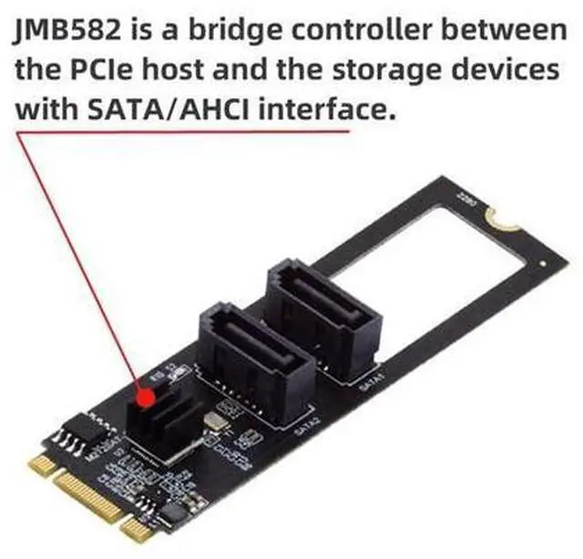 Alt view image 5 of 7 - NGFF Key B+M PCI Express to SATA 3.0 6Gbps Dual Ports Vertical Adapter Converter Hard Drive Extension Card JMB582 2280