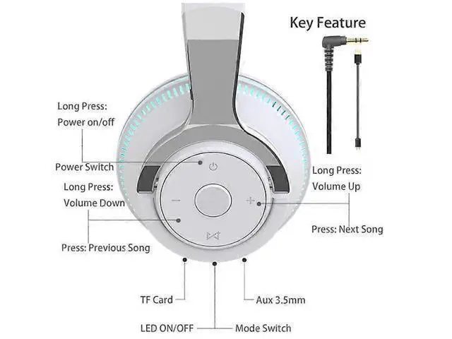 Alt view image 4 of 5 - H2 LED Light Up Bluetooth Headphones Over Ear, Hi-Fi Stereo, Foldable, 50H Battery, White