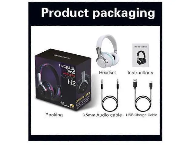 Alt view image 5 of 5 - H2 LED Light Up Bluetooth Headphones Over Ear, Hi-Fi Stereo, Foldable, 50H Battery, White