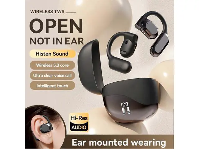 Alt view image 2 of 5 - Open-Ear Bluetooth 5.3 Headphones with LED Display, 58H Playtime, Secure Fit (Black)