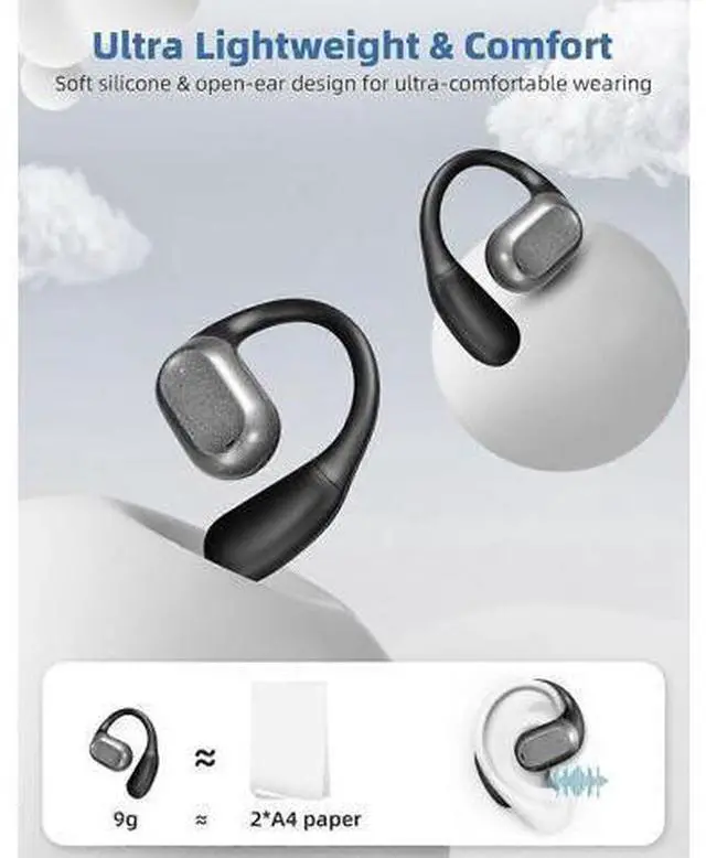 Alt view image 2 of 5 - Open-Ear Headphones Bluetooth 5.3 w/Digital Display Charging Case, 48H Playtime for Running & Exercise (Black)