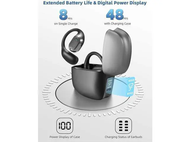 Alt view image 5 of 5 - Open-Ear Headphones Bluetooth 5.3 w/Digital Display Charging Case, 48H Playtime for Running & Exercise (Black)