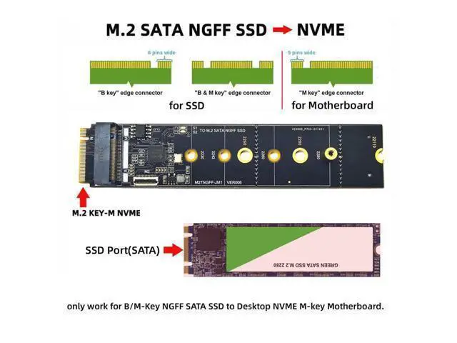 Alt view image 7 of 7 - SATA NGFF Key B+M SSD to NVME M-Key Motherboard Desktop Adapter Converter SSD Card JMB582 2280