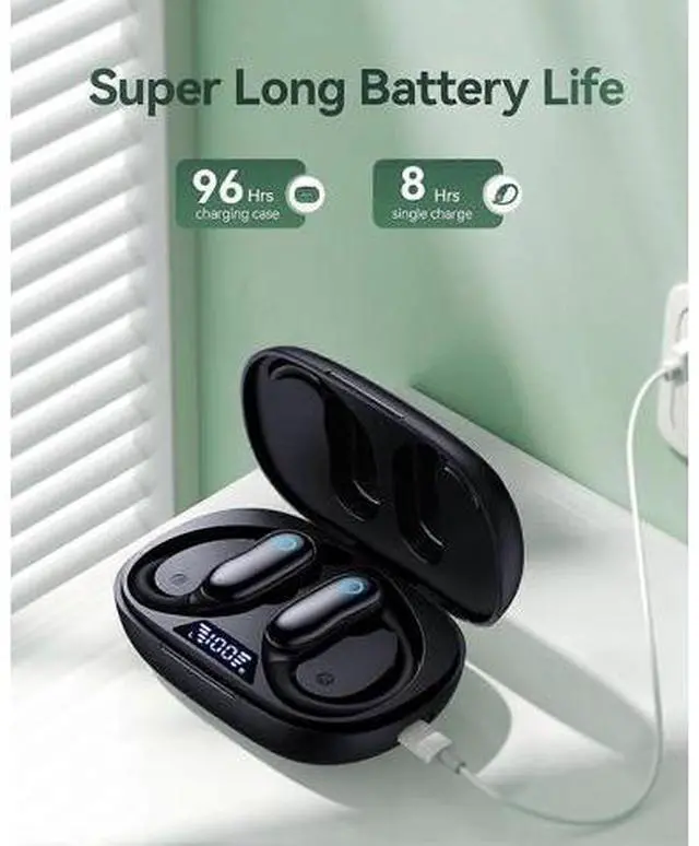 Alt view image 2 of 5 - Wireless Bluetooth Earphones 96H Playback IPX7 Waterproof Over-Ear Bass Headphones w/Mic LED Display-Black
