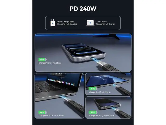 Alt view image 4 of 7 - Short USB C Cable, 40Gbps 5inch USB4 Cable, PD 240W Fast Charging, 8K@60Hz, USB C to C Cable Compatible with Thunderbolt 4/3, iPhone 17 Series, Android, VR Device, External SSD-UC40