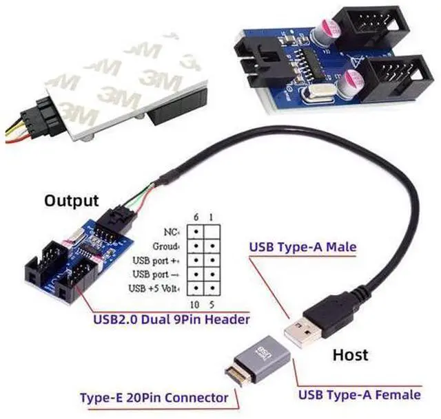 Alt view image 6 of 7 - USB 3.1 Front Panel Header Male Type-E to USB 2.0 Type-A Male 1 to 2 Female Motherboard 9pin 10pinHeader HUB Adapter Port Multiplier