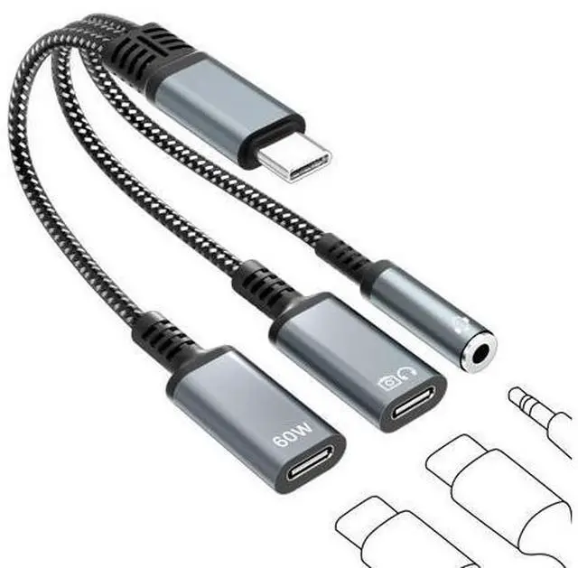 Main image of USB C Splitter 1 in 3 Out USBC Headphone Adapter with 60W Charging and Data - USB-C to 3.5mm Headphone & Dual Type C Splitter, Support PD Fast Charging/Data/Music/Calling for iPhone17/16/15 Series