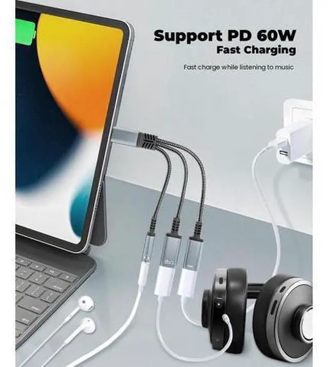 Alt view image 3 of 7 - USB C Splitter 1 in 3 Out USBC Headphone Adapter with 60W Charging and Data - USB-C to 3.5mm Headphone & Dual Type C Splitter, Support PD Fast Charging/Data/Music/Calling for iPhone17/16/15 Series