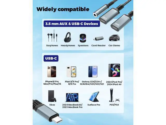 Alt view image 7 of 7 - USB C Splitter 1 in 3 Out USBC Headphone Adapter with 60W Charging and Data - USB-C to 3.5mm Headphone & Dual Type C Splitter, Support PD Fast Charging/Data/Music/Calling for iPhone17/16/15 Series