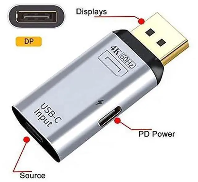 Alt view image 6 of 6 - USB-C Type C Female Source to Displayport DP Sink HDTV & PD Power Adapter 4K 60hz 1080p for Phone & Laptop