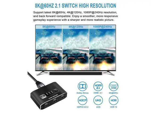 Alt view image 3 of 7 - Zell Hdmi 2.1 Switch, Aluminum Alloy 8K@60Hz Hdmi Switch 3 In 1 Out, 3X1 Hdmi Switcher Selector, Supports 4K@120Hz, Ultra Hd, 4K Hdmi Selector Switcher For Game Consoles, Fire Stick