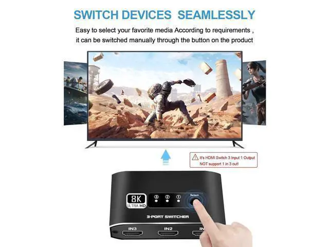 Alt view image 7 of 7 - Zell Hdmi 2.1 Switch, Aluminum Alloy 8K@60Hz Hdmi Switch 3 In 1 Out, 3X1 Hdmi Switcher Selector, Supports 4K@120Hz, Ultra Hd, 4K Hdmi Selector Switcher For Game Consoles, Fire Stick