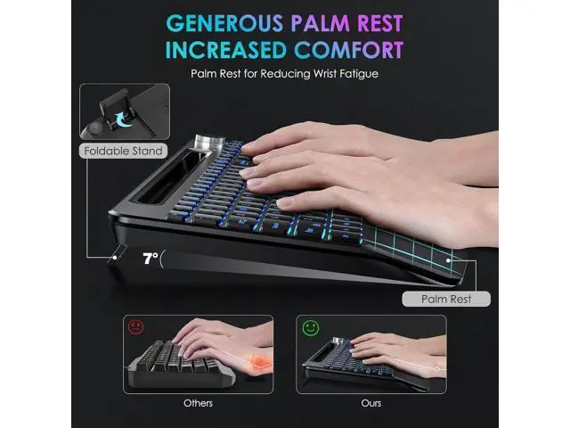 Alt view image 3 of 7 - 2.4G Wireless Silent Keyboard, Rechargeable,with 7 Colored Backlits &Phone Holder &Wrist Rest,Lighted up Full Size Keyboard for Mac Windows Laptop PC