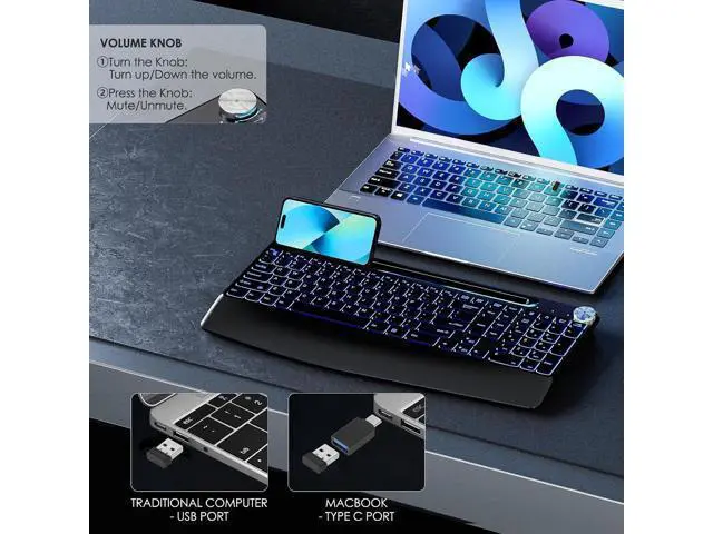 Alt view image 5 of 7 - 2.4G Wireless Silent Keyboard, Rechargeable,with 7 Colored Backlits &Phone Holder &Wrist Rest,Lighted up Full Size Keyboard for Mac Windows Laptop PC