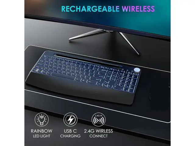 Alt view image 7 of 7 - 2.4G Wireless Silent Keyboard, Rechargeable,with 7 Colored Backlits &Phone Holder &Wrist Rest,Lighted up Full Size Keyboard for Mac Windows Laptop PC