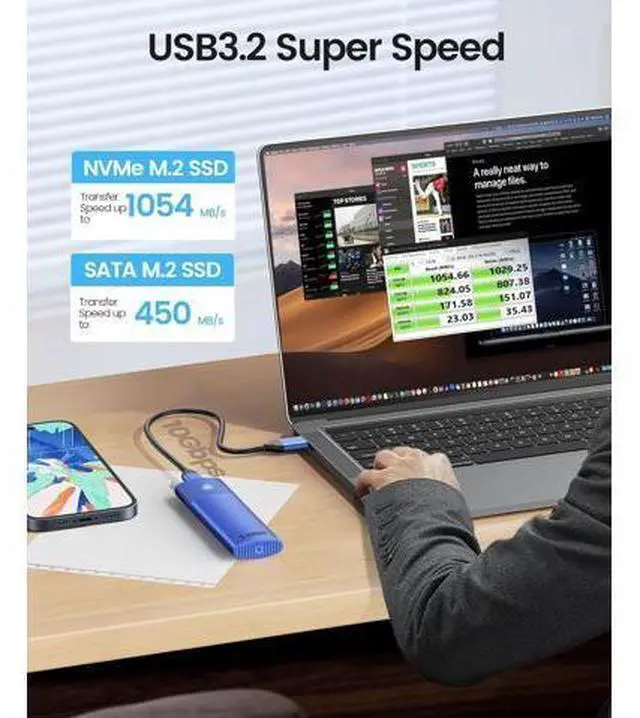Alt view image 2 of 7 - M.2 NVMe SATA SSD Enclosure Adapter Tool-Free, USB C 3.2 Gen 2 10Gbps NVMe, 5Gbps NGFF SATA PCIe M-Key(B+M Key) 2230/2242/2260/2280, Aluminum External M2 Reader Support UASP Trim- PWDM2-BL