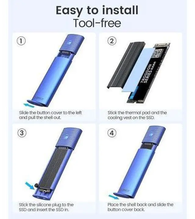 Alt view image 6 of 7 - M.2 NVMe SATA SSD Enclosure Adapter Tool-Free, USB C 3.2 Gen 2 10Gbps NVMe, 5Gbps NGFF SATA PCIe M-Key(B+M Key) 2230/2242/2260/2280, Aluminum External M2 Reader Support UASP Trim-BL(G2A)