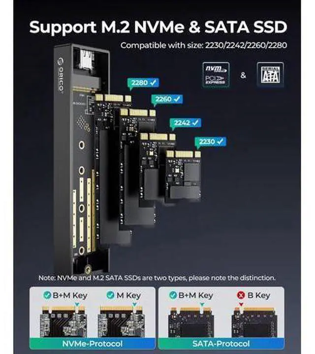 Alt view image 3 of 7 - M.2 NVMe SATA SSD Enclosure, USB 3.1 Gen 2 (10 Gbps) to PCI-E 6Gbps NGFF M-Key / B+M Key SSD Case M.2 Reader Support UASP for Size 2230/2242/2260/2280 SSDs Diskless (M2PVM)