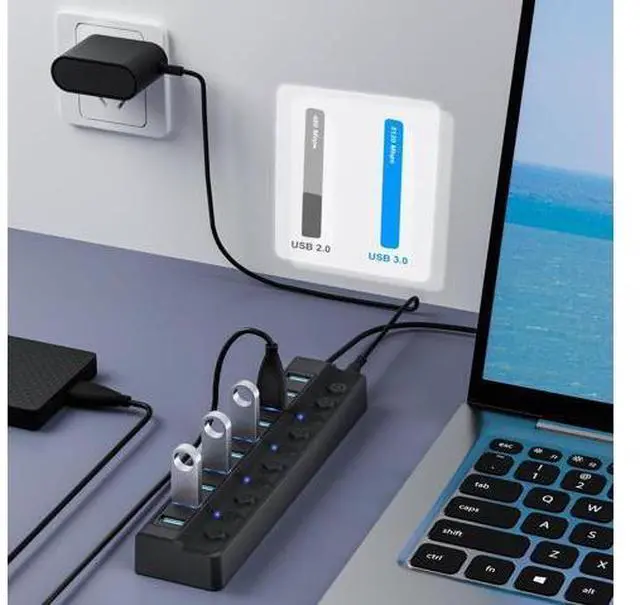 Alt view image 2 of 7 - Onfinio Powered USB Hub 3.0, 10-Port USB Splitter Hub with Individual On/Off Switches and 12V/2A Power Adapter USB Extension for MacBook, Mac Pro/Mini and More