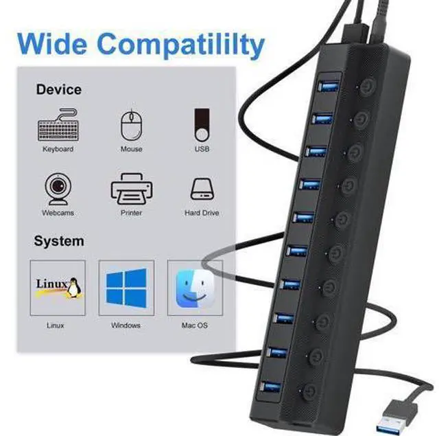 Alt view image 3 of 7 - Onfinio Powered USB Hub 3.0, 10-Port USB Splitter Hub with Individual On/Off Switches and 12V/2A Power Adapter USB Extension for MacBook, Mac Pro/Mini and More