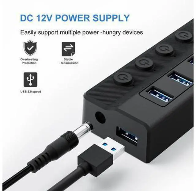Alt view image 5 of 7 - Onfinio Powered USB Hub 3.0, 10-Port USB Splitter Hub with Individual On/Off Switches and 12V/2A Power Adapter USB Extension for MacBook, Mac Pro/Mini and More