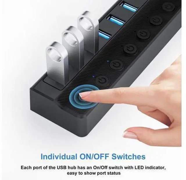 Alt view image 4 of 7 - Onfinio Powered USB Hub 3.0, 10-Port USB Splitter Hub with Individual On/Off Switches and 12V/2A Power Adapter USB Extension for MacBook, Mac Pro/Mini and More