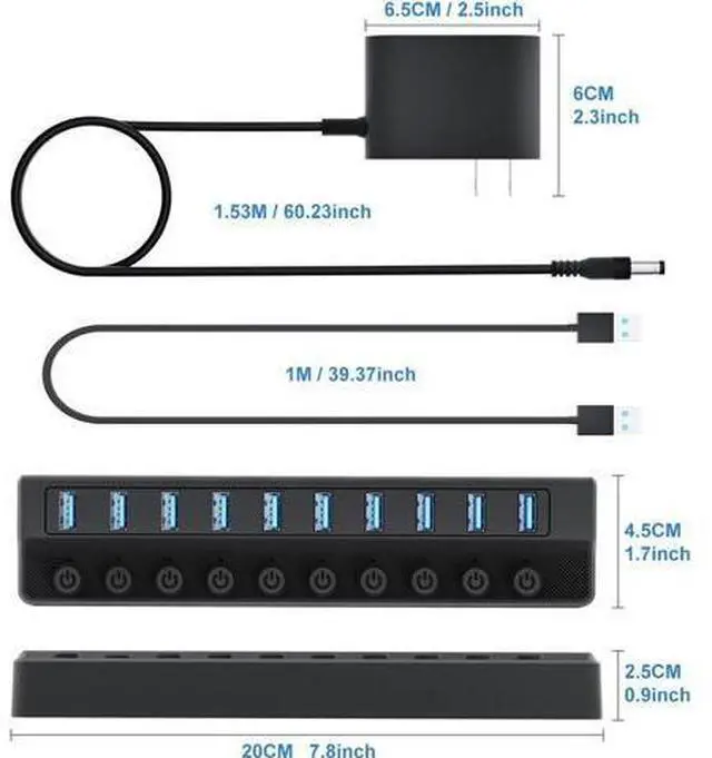 Alt view image 6 of 7 - Onfinio Powered USB Hub 3.0, 10-Port USB Splitter Hub with Individual On/Off Switches and 12V/2A Power Adapter USB Extension for MacBook, Mac Pro/Mini and More