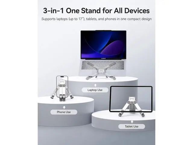 Alt view image 2 of 7 - Portable Laptop Stand for Travel & Desk, Ultra-Compact Foldable Aluminum 3-in-1 Riser for Laptop, Tablet & Phone, 5 Adjustable Heights, Compatible with MacBook/HP/Dell/iPad/iPhone PN1 (Silver)