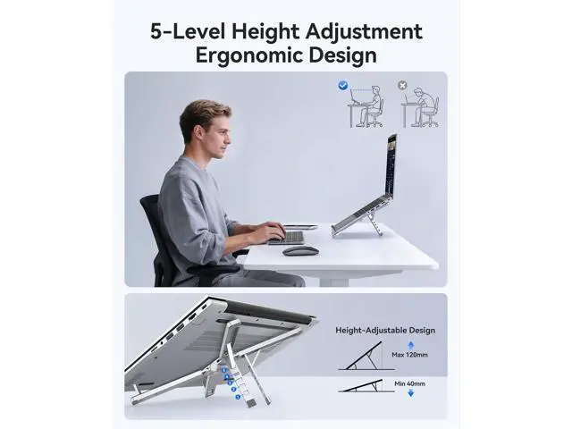 Alt view image 3 of 7 - Portable Laptop Stand for Travel & Desk, Ultra-Compact Foldable Aluminum 3-in-1 Riser for Laptop, Tablet & Phone, 5 Adjustable Heights, Compatible with MacBook/HP/Dell/iPad/iPhone PN1 (Silver)