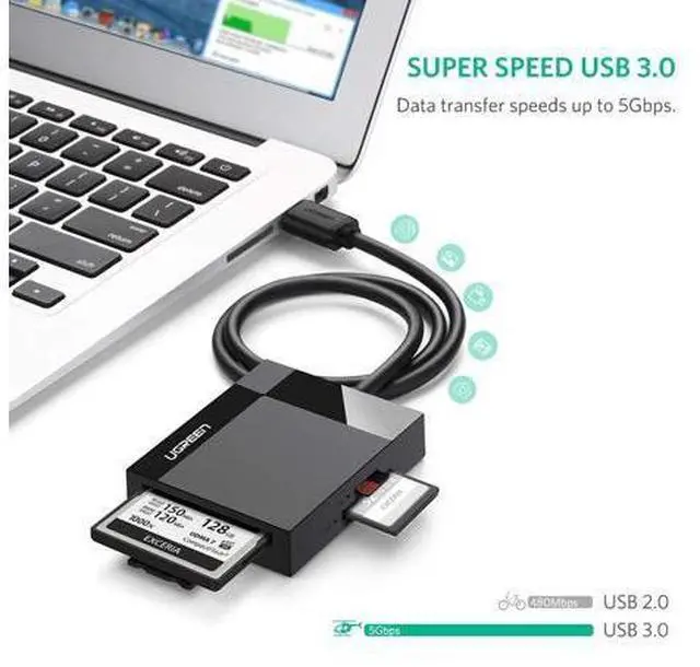 Alt view image 3 of 7 - SD Card Reader USB 3.0 Card Hub Adapter 5Gbps Read 4 Cards Simultaneously CF, CFI, TF, SDXC, SDHC, SD, MMC, Micro SDXC, Micro SD, Micro SDHC, MS, UHS-I (Black)