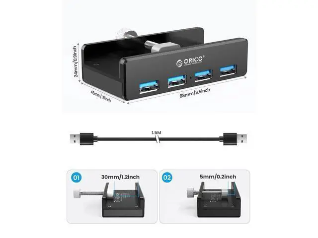Alt view image 3 of 7 - USB 3.0 Hub, USB Hub Clamp, Aluminum 4-Port USB Splitter with 4.92 FT USB Data Cable, Desktop Powered USB Hub for Monitors/Desks-Black (Without Power Adapter)