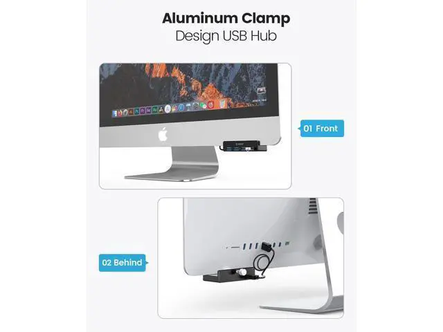 Alt view image 4 of 7 - USB 3.0 Hub, USB Hub Clamp, Aluminum 4-Port USB Splitter with 4.92 FT USB Data Cable, Desktop Powered USB Hub for Monitors/Desks-Black (Without Power Adapter)