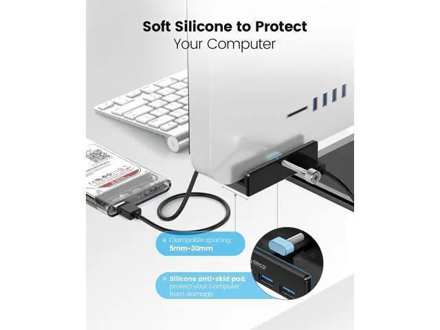 Alt view image 2 of 7 - USB 3.0 Hub, USB Hub Clamp, Aluminum 4-Port USB Splitter with 4.92 FT USB Data Cable, Desktop Powered USB Hub for Monitors/Desks-Black (Without Power Adapter)