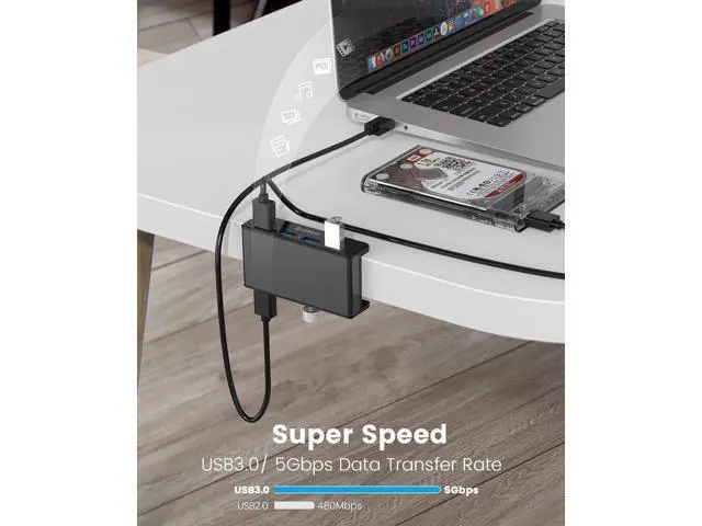 Alt view image 5 of 7 - USB 3.0 Hub, USB Hub Clamp, Aluminum 4-Port USB Splitter with 4.92 FT USB Data Cable, Desktop Powered USB Hub for Monitors/Desks-Black (Without Power Adapter)