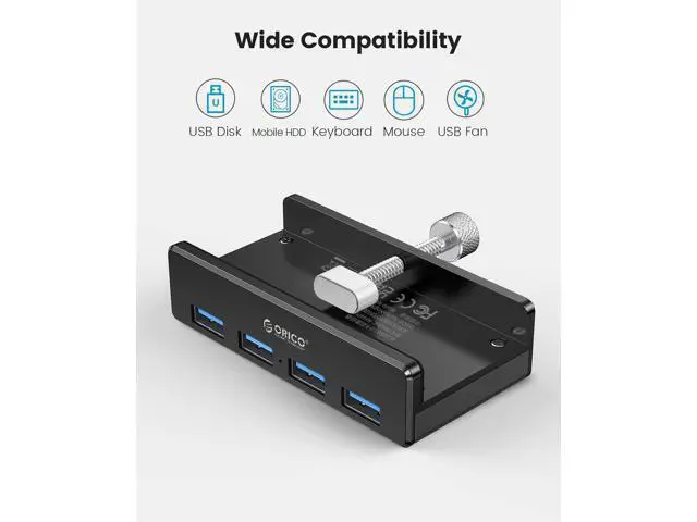 Alt view image 6 of 7 - USB 3.0 Hub, USB Hub Clamp, Aluminum 4-Port USB Splitter with 4.92 FT USB Data Cable, Desktop Powered USB Hub for Monitors/Desks-Black (Without Power Adapter)