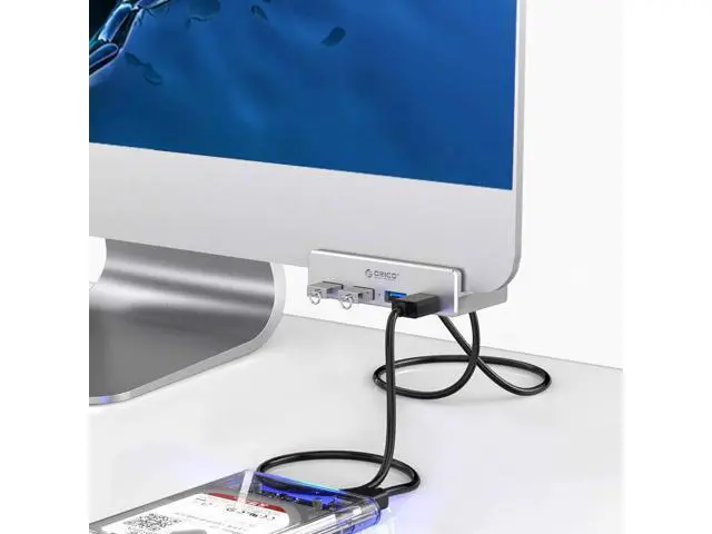 Alt view image 2 of 7 - USB 3.0 Hub, USB Hub Clamp, Aluminum 4-Port USB Splitter with 4.92 FT USB Data Cable, Desktop Powered USB Hub for Monitors/Desks-Silver (Without Power Adapter)