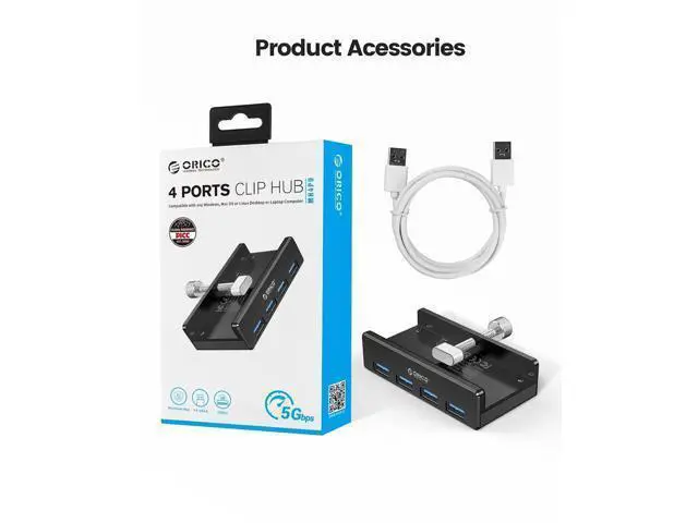 Alt view image 7 of 7 - USB 3.0 Hub, USB Hub Clamp, Aluminum 4-Port USB Splitter with 4.92 FT USB Data Cable, Desktop Powered USB Hub for Monitors/Desks-Black (Without Power Adapter)